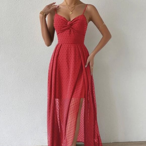 Swiss Dot Cami Maxi Dress RED - Picture 5 of 9